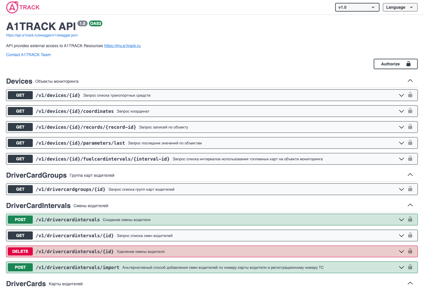 Документация A1TRACK API со списком доступных методов