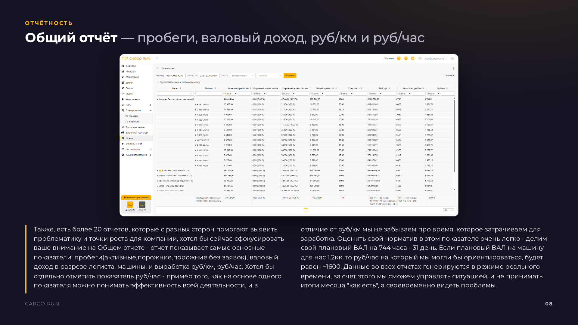 Отчёт по пробегам и экономике автопарка в CARGO.RUN