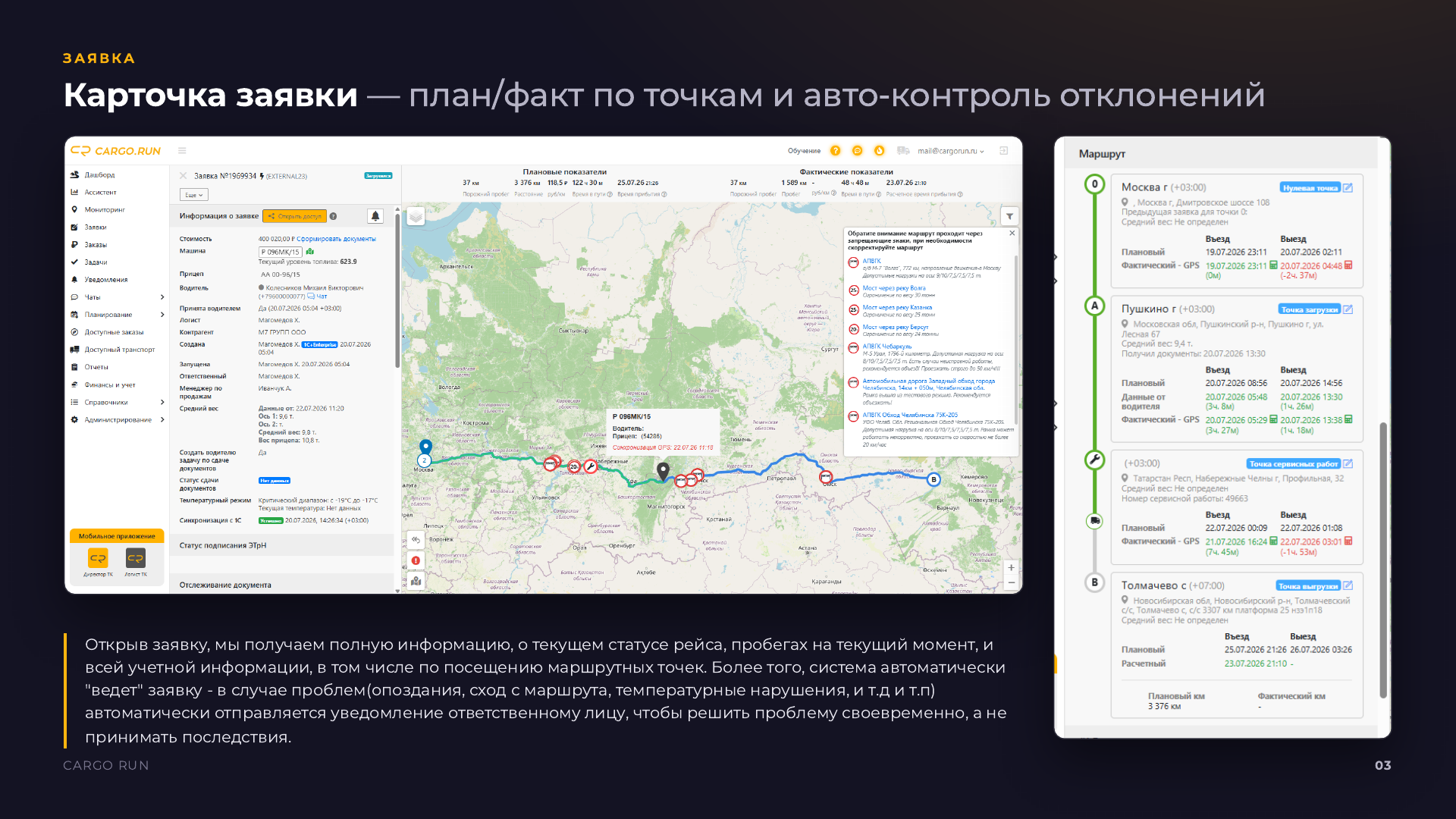 Карточка заявки с планом, фактом и контролем отклонений в CARGO.RUN