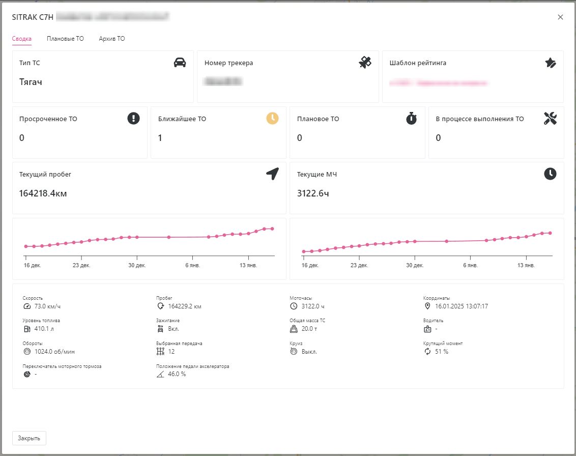 Информация по ТС: Вкладка "Сводка"